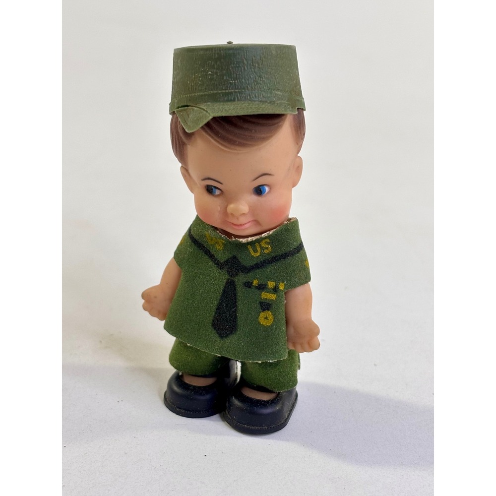 Vintage Rubber Boy Doll US Army Military Uniform Green Flocked Outfit 4 Inch